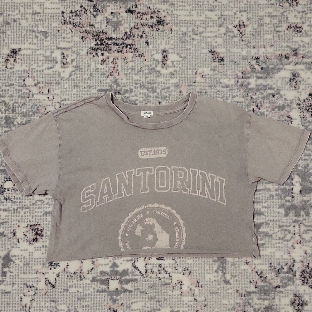 Garage Gray Crop Top with Crew Neck and Graphic Design